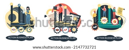 Action business plan, development strategies, foreseeing market risks. Company success secret, idea growing business achieve target metaphor, study production and sales market. Strategic biz planning