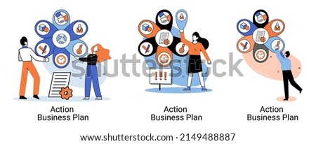 Action business plan, development strategies, foreseeing market risks. Company success secret, idea growing business achieve target metaphor, study production and sales market. Strategic biz planning