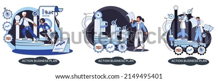 Action business plan, development strategies, foreseeing market risks. Company success secret, idea growing business achieve target metaphor, study production and sales market. Strategic biz planning