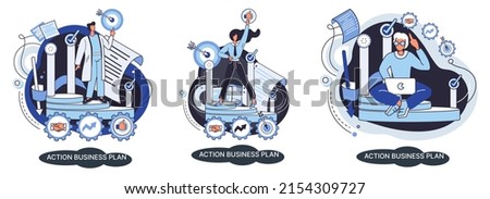 Action business plan, development strategies, foreseeing market risks. Company success secret, idea growing business achieve target metaphor, study production and sales market. Strategic biz planning