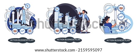 Action business plan, development strategies, foreseeing market risks. Company success secret, idea growing business achieve target metaphor, study production and sales market. Strategic biz planning
