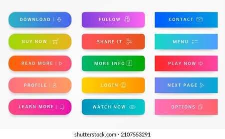 Action button. Webpage interaction element, modern app banner, call now, read more, download, upload, buy now, log in, submit. Vector buttons set