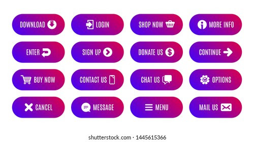 Action buttons. Submit message, continue, contact us vector icon. Download action, sign up, shop now. Game navigation ui design with icons. Vector gradient buttons set