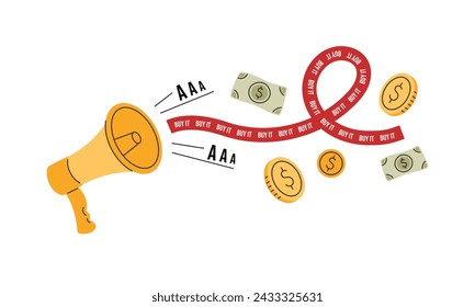 Сall to action buy it. Concept of making unnecessary purchases and budget waste. Loudspeaker with line of words. Collage with coins and banknotes. Spending money banner. Vector llustration.