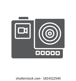 Action camera black glyph icon. Electronic device concept. Camera for active sports. Pictogram for web page, mobile app, promo. UI UX screen. User interface display.