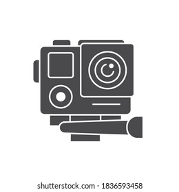 Action camera black glyph icon. Electronic device concept. Camera for active sports. Pictogram for web page, mobile app, promo. UI UX screen. User interface display.