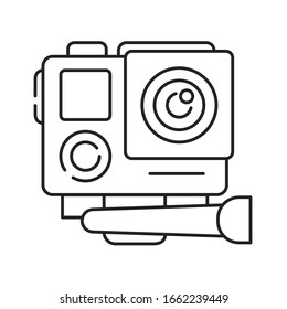 Icono de línea negra de la cámara de acción. Concepto de dispositivo electrónico. Cámara para deportes activos. Pictograma para página web, aplicación móvil, promoción. Pantalla UI UX. Visualización de la interfaz de usuario. Trazo editable.