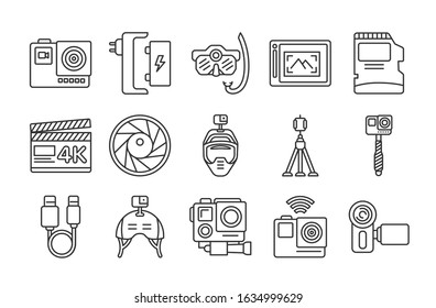 Action camera black line icons set. Electronic devices concept. Extreme video cams, tripods and cables, micro SD, charger, USB cable. Pictograms for web page, mobile app, promo. Editable stroke