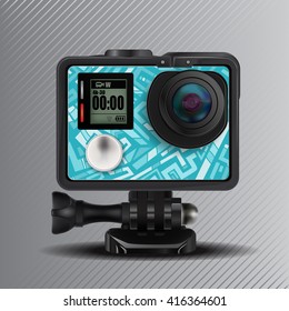 Action camera with blue tribal pattern sticker