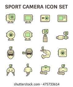 Action camera or action cam vector icon. Include equipment, tool or accessory. Digital camera for shot photo and record media video on card in extreme sport, adventure travel, diving, motorcycle, bike