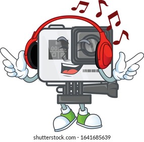 Action camera cartoon character design Listening music on a headset