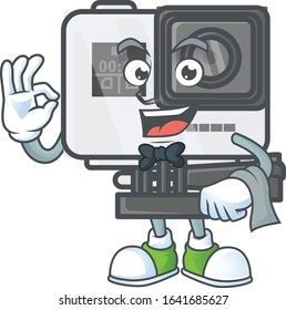 A action camera cartoon mascot working as a Waiter