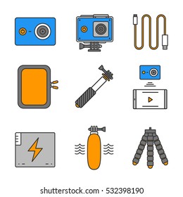 Action camera color icons set. Sport cam, usb cable, battery, phone connection, waterproof case, selfie monopod stick, floating grip, box, tripod. Isolated vector illustration