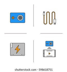Action camera color icons set. Mini USB cable, battery, action camera to smartphone wireless connection. Isolated vector illustrations