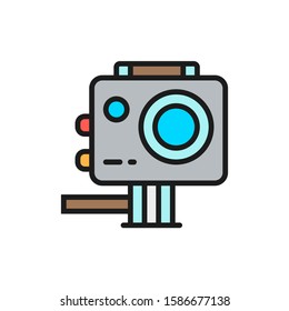 Action camera, extreme video cam flat color line icon.