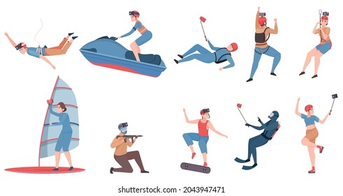 Action camera flat color set of people engage in extreme sports and film on phone isolated vector illustration
