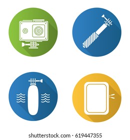 Action camera flat design long shadow icons set. Floating grip, gadget protective case, monopod. Vector silhouette illustration