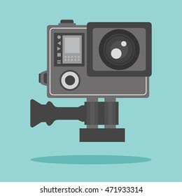 Action Camera. Front view of video camera of extreme sport. Tiny device for all lifestyle. waterproof equipment. Flat vector illustration.