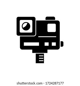 Action camera glyph icon design vector. Black glyph icon, white isolated design.
