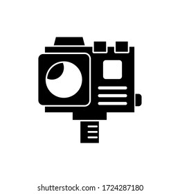 Action camera glyph icon design vector. Black glyph icon, white isolated design.