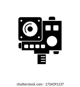 Action camera glyph icon design vector. Black glyph icon, white isolated design.
