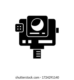 Action camera glyph icon design vector. Black glyph icon, white isolated design.