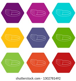 Action camera for heads icons 9 set coloful isolated on white for web