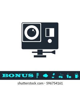 Action camera icon flat. Black pictogram on white background. Vector illustration symbol and bonus button