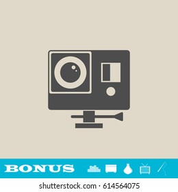 Action camera icon flat. Grey pictogram on light background. Vector illustration symbol and bonus button real estate, ottoman, vase, tv, fishing rod