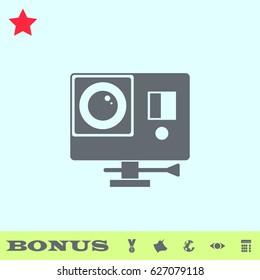 Action camera icon flat. Grey pictogram on blue background. Vector illustration symbol and bonus buttons medal, cow, earth, eye, calculator