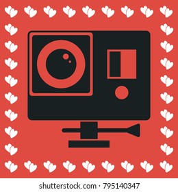 Action camera icon flat. Simple black pictogram on red background with white hearts for valentines day. Vector illustration symbol