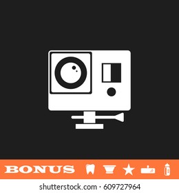 Action camera icon flat. White pictogram on black background. Vector illustration symbol and bonus button tooth, vase, star, mirror, bottle