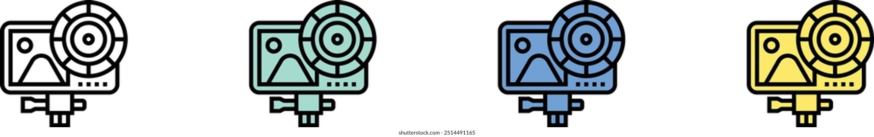 Icono de cámara de acción. Esquema, diseño de estilo verde, azul y amarillo aislado sobre fondo blanco