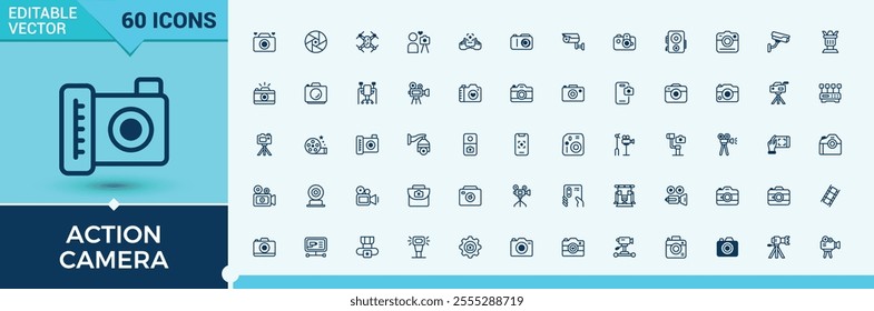 Action Camera icons in linear style. Containing professional, photographer, photograph, photographic, photography, cam, capture, element. Simple web icons. Vector icons editable stroke.