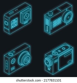 Action camera icons set. Isometric set of action camera vector icons neon on black