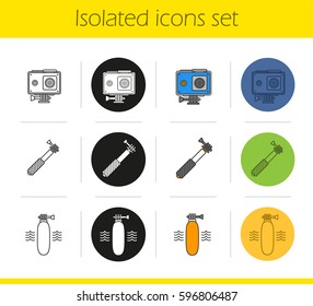 Action camera icons set. Linear, black and color styles. Floating grip, action cam in protection case, monopod. Isolated vector illustrations