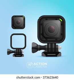 Action camera. illustration black color.  Vector image isolated on blue background.