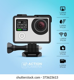 Action camera. illustration. Vector image isolated on blue background. Icons, button, lorem ipsum