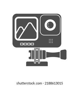 Action camera isolated icon, action cam with bracket holder black symbol