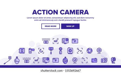 Action Camera Landing Web Page Header Banner Template Vector. Types Of Camera Linear Pictograms. Device Stick And Object Glass, Recording Mode And Watertight Housing Illustration