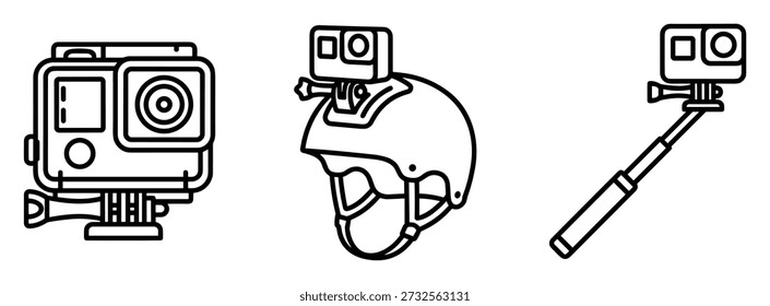 Action camera in line style. Camcorder mount waterproof sport recorder video selfie stick device. Flat vector illustration.