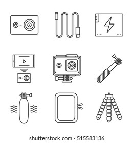 Action camera linear icons set. Sport cam, usb cable, battery, phone connection, waterproof case, selfie monopod stick, floating grip, box, tripod. Thin line contour illustrations. Isolated. Vector