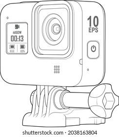 an action camera in a linear style. the camera is in a perspective perspective black and white on a white background