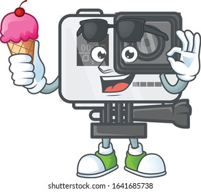 Action camera mascot cartoon style eating an ice cream