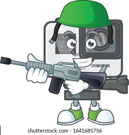 Action camera mascot design in an Army uniform with machine gun