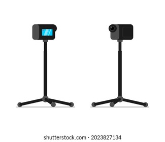 Action camera on monopod stand front and back view set. Mobile HD 4K camcorder on rack. Video blogger equipment stationary holder. Professional stable vlogger device. Vector isolated illustration