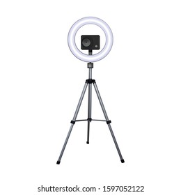 Action camera on a tripod. Circle speedlite. Vector illustration. Equipment for 4k video.