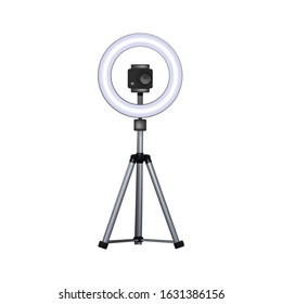 Action camera on a tripod with a speedlite. Vector illustration. Equipment for movie.