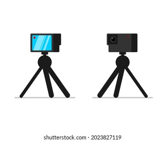 Action camera on tripod stand front and back view set. Mobile HD camcorder on rack. Video blogger equipment stationary holder. Professional stable vlogger device. Vector eps illustration