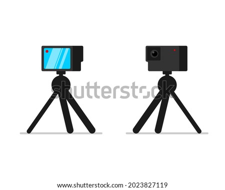 Action camera on tripod stand front and back view set. Mobile HD camcorder on rack. Video blogger equipment stationary holder. Professional stable vlogger device. Vector eps illustration